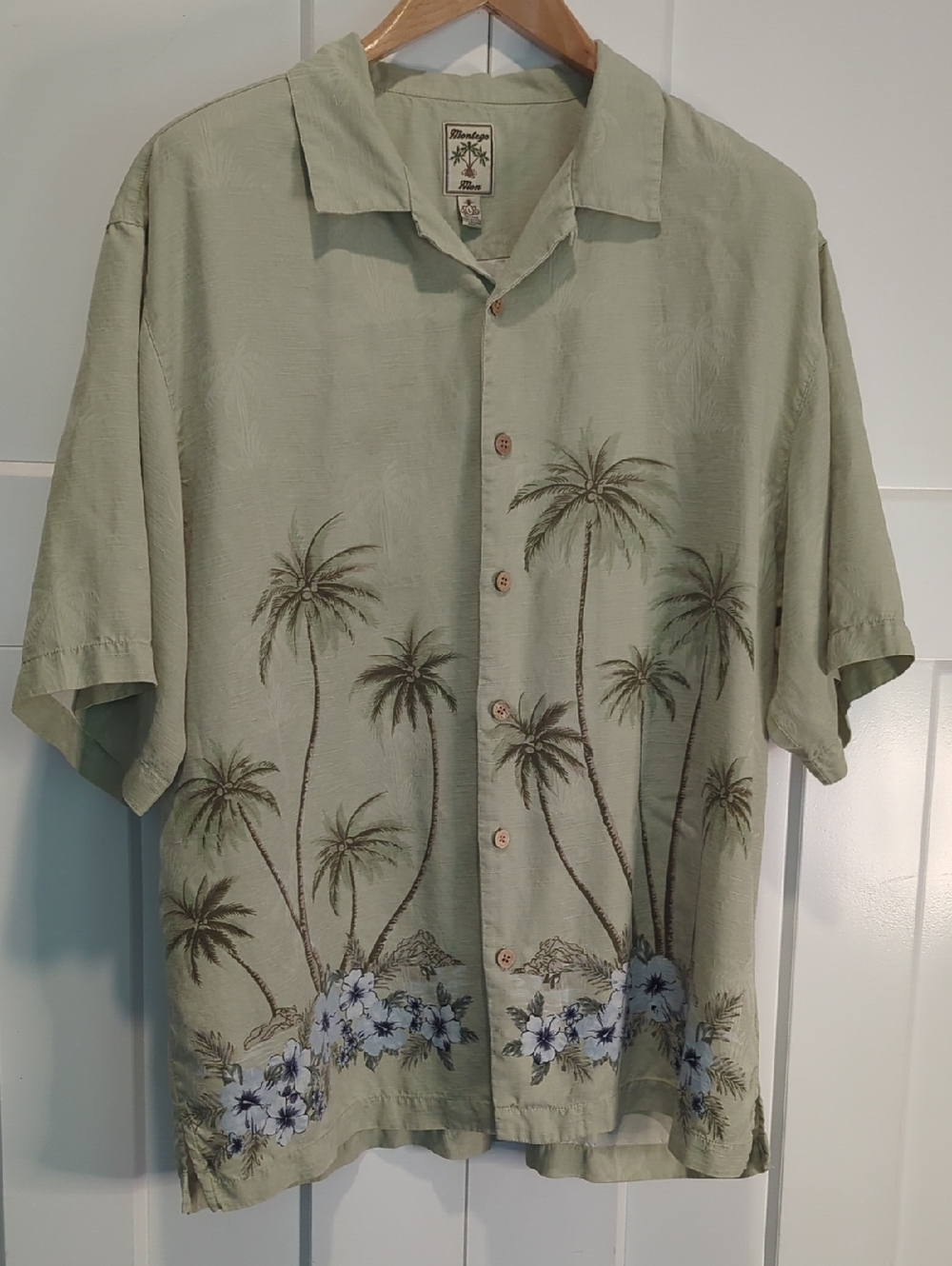Montego Mon 100% Silk Mens Tropical Button Down Shirt Size L